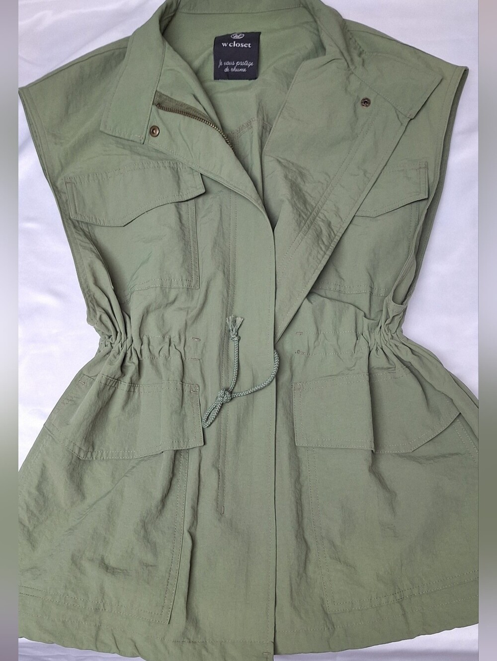 J Fashion Mori Kei Large Olive Utility Cargo Safari Fall Vest Drawstring Waist